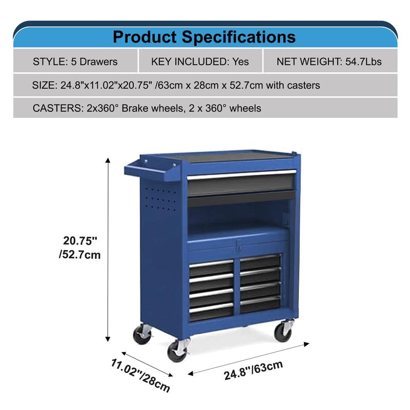 5-Drawer Rolling Tool Storagecabinet with Enhanced Packaging, Detachabletop Tool Box, Metal Tool Cart for Garageworkshop Key Lock Metal Toolbox