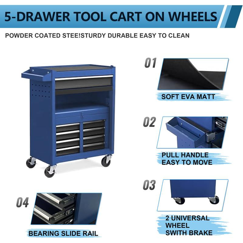 5-Drawer Rolling Tool Storagecabinet with Enhanced Packaging, Detachabletop Tool Box, Metal Tool Cart for Garageworkshop Key Lock Metal Toolbox
